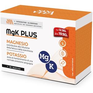 Sanavita MgK Plus - Integratore Alimentare con Magnesio e Potassio, 30 Bustine Senza Zuccheri
