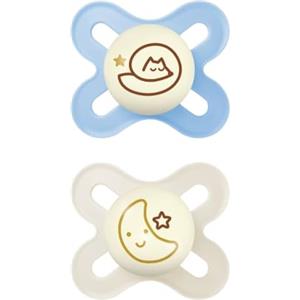 MAM Original Start Night Succhietto 0-2 Mesi (Set da 2), Ciuccio MAM 0-2 mesi che si illumina al buio con tettarella in caucciù, Kit da 2 accessori neonato con porta ciuccio sterilizzatore, Azzurro
