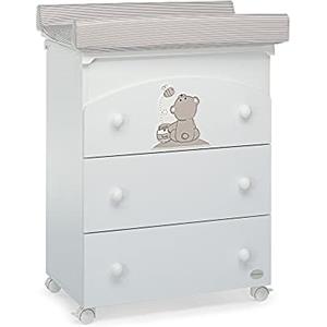 Foppapedretti Bagnetto Fasciatoio Golosone, Legno, Made in Italy, 3 Cassetti, Piano Fasciatoio Ribaltabile, Vaschetta Anatomica Estraibile, 4 ruote, Materassino Incluso, 47x69x89 cm, Bianco