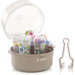 Jane Jané Sterilizzatore per Microonde 6 Biberon, con Cestello per Tettarelle e Pinza, BPA Free, Grigio