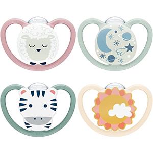 NUK Space Day & Night ciuccio | 6-18 mesi | Succhietti che si illuminano al buio con ventilazione extra per pelli delicate | Silicone senza BPA | Zebra & Pecore | 4 pezzi
