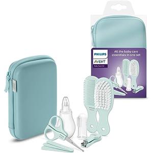 Philips Avent Set per la cura del bambino con tagliaunghie, forbici, limette per unghie, pettine, spazzola per capelli, aspiratore nasale e spazzolino da denti applicabile sul dito (modello SCH401/00)