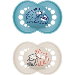 MAM Original Succhietto 16+ Mesi (Set da 2), Ciuccio MAM 16 36 mesi con tettarella ortodontica in caucciù, Kit da 2 accessori neonato con pratico porta ciuccio sterilizzatore, Azzurro/Neutro