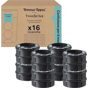 Tommee Tippee Ricariche originali per mangiapannolini Twist & Click Advanced, confezione esclusiva da 16 ricariche di 10,5 metri l'una, praticità e risparmio, 16 X 10,5 m