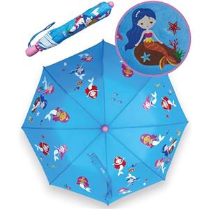 HECKBO ombrello a sirena magico per bambini - cambia colore quando piove - ombrello pieghevole per bambine: sta in ogni zaino di scuola - con strisce riflettenti
