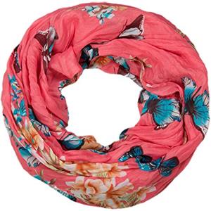 styleBREAKER Sciarpa loop da donna con stampa colorata di farfalle e fiori, sciarpa crash e crinkle, foulard 01016013, colore:Corallo