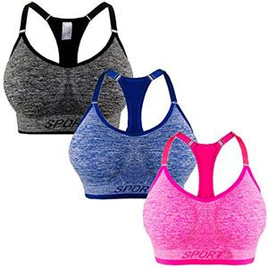 L&K-II confezione da 3 Reggiseni sportivi da donna senza ferretto, imbottiti, forte tenuta, spalline regolabili, push-up, per corsa, jogging, yoga, S-M