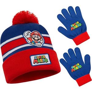 Super Mario Set Invernale Bambino, 2 Pz Berretto e Guanti o 3 Pz Set Guanti Cappello e Sciarpa Bambini, 6-14 Anni, Regalo Ragazzo (6-14 Anni, Rosso/Blu, 2 Pezzi)