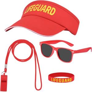 Alaoo 4 Pezzi Costumi da Bagninom, Costume di salvataggio bagnino con Cappello da Bagnino, Bracciale, Fischietto, Occhiali da Sole, Adatto Halloween Carnevale Beach Festa