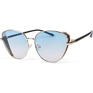 styleBREAKER Occhiali da sole in stile Cat Eye da donna con decorazioni glitter sulle lenti, montatura in metallo, forma a occhio di gatto 09020104, colore:Montatura oro/vetro blu tinto