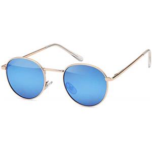 styleBREAKER Occhiali da sole unisex in forma Panto con lenti piatte rotonde e montatura in metallo con cerniera a molla, bordo completo 09020077, Montatura Oro/Vetro Blu munito di specchi