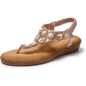 JOMIX Sandali Donna Estive Eleganti Infradito Mare Spiaggia Gioielli Strass Zeppa Bassa Comodi Casual Chiusura Elastica Plantare Imbottito SD9107 (Oro Rosa,40)