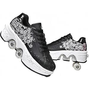 LDRFSE Pattini a rotelle per ragazze, sneaker, pattini, scarpe da skateboard, sneaker, con rotelle, sport, ginnastica, moda, multiuso, scarpe Kick Roller per ragazzi e ragazze, Bianco argento, 35 EU