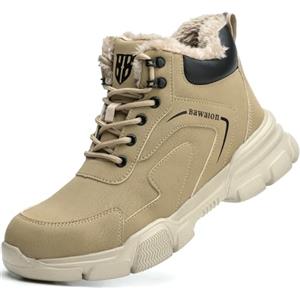 Nasogetch Scarpe Antinfortunistiche Uomo Donna Alte Scarpe da Lavoro Impermeabile Stivali da Lavoro Leggere Comode con Punta in Acciaio 9193 Kaki Invernali Fodera Calda 42 EU