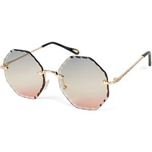 styleBREAKER Occhiali da sole rotondi da donna senza montatura con lenti colorate taglio diamante, aste in rilievo, lenti poligonali 09020118, colore:Montatura oro/vetro grigio-albicocca gradiente