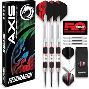 RED DRAGON Darts - Axis Freccette in tungsteno da 28 Grammi, Set di Freccette Professionali in Acciaio con Alette, aste e Portafoglio