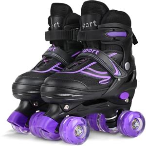 DUZSKJ Pattini regolabili per bambini per ragazzi e ragazze, pattini a rotelle regolabili per bambini piccoli grandi principianti (nero e viola, S)