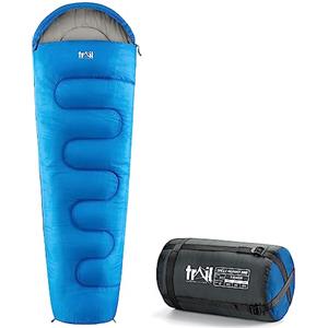 Trail Outdoor Leisure Sacco a Pelo Adulti Stile Mummia, 3 Stagioni, 300gsm, Leggero con Tasche Interne e Borsa a Compressione - Blu