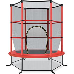 COSTWAY Trampolino Elastico Bambino in Acciaio, Tappeto Elastico Bambini da Esterno e da Interno, con Rete e Cusicnetti Antiscivolo (Rosso, 165 x 165 cm)