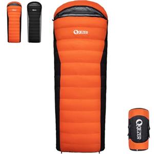 QEZER Sacco a pelo in piuma ultraleggero Sacco a Pelo per Adulti e Bambino 0°C a -8°C [1640 g] per campeggio, escursioni e trekking, attività all'aperto 3~4 stagioni (1000 orange)
