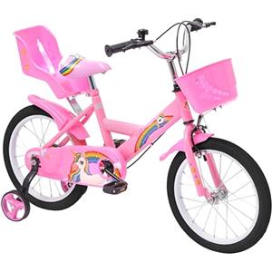 Baroni Toys Bicicletta per Bambine con Unicorno Rosa 16 Pollici con Porta bambola e Rotelle Inclusi, Bici in Acciaio con Cestino per Bambina, Rosa, da 4 a 7 anni, 78x49x60 cm