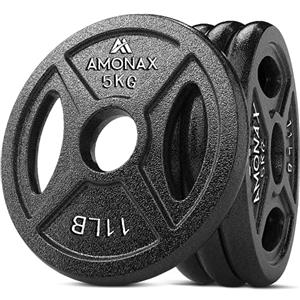 Amonax Set di dischi pesi, dischi palestra da 2,5kg, 5kg, 10kg per barre olimpiche da 50mm, pesi per bilanciere per sollevamento e hip thrust, pesi ghisa per la tua palestra domestica