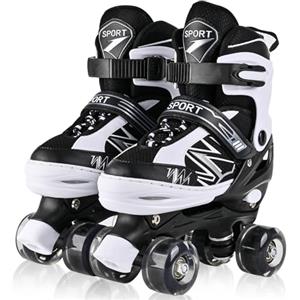 LOKJIJI Pattini a rotelle per bambini ragazze ragazzi principianti, 4 misure regolabili per bambina e bambino con ruote luminose, pattini a rotelle nero e bianco per lo sport (Medio_32-36 EU)