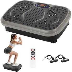 TLGREEN Piastra Vibrante, Design Compatto, 99 Livelli, 5 Programmi di Allenamento, con Bande di Resistenza, Touch Screen e Telecomando, Fitness Pedana Vibrazioni, Tavola Vibrante per Casa (Grigio)