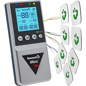 TESMED Max 830: Elettrostimolatore Muscolare Professionale Tens/EMS/Massaggio con Stimolazioni Sequenziali, 4 Canali, 115 Programmi di Cui 20 Personalizzabili, Ricaricabile, Inclusi 20 Elettrodi