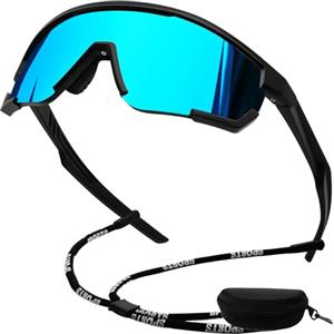 KANASTAL Veloci Occhiali da Sole Blu Specchio Ciclismo Sportivi Polarizzati Uomo Donna UV400 Montagna Azzurri Specchiati Avvolgenti Blue Sunglasses per Ciclista Corsa Golf -Montatura Nero Lenti Blu