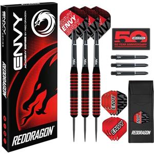 RED DRAGON Darts - Envy Series 22g - Nero e Rosso Ottone Professionale Set di Freccette Punta in Acciaio con Voli, Aste e Custodia