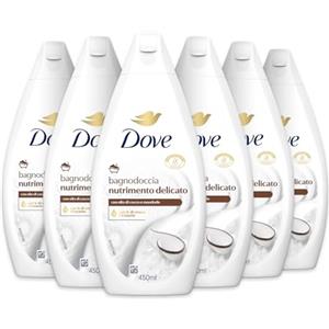 Dove Bagnodoccia Nutrimento Delicato, Idratante Dermo-Naturale, Olio di Cocco, 1/4 Crema Idratante, Dermatologicamente Testato, Bagnoschiuma Uomo e Donna, 100% Bottiglia Riciclata* 6 Pezzi x 450 ml