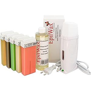 EpilWax Kit Depilatorio EpilWax Royal completo di: Scaldacera professionale 5 Roll-On Wax 100 ml variegato, 100 Strisce Depilatorie, 1 Flacone di Olio Dopo Cera 250 ml - (Royal Series variegato 5)
