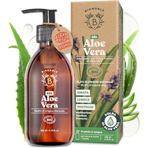 BIONOBLE Gel Aloe Vera Puro Biologico 97% con Olio Essenziale di Lavanda - Idrata e Lenisce - Aloe Vera Gel Puro per Capelli, Crema Pura Viso, Acne, Corpo, Doposole - Bottiglia di Vetro, Pompa - 200ml