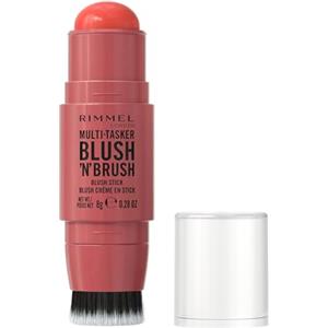 Rimmel London Multi-Tasker Blush'N'Brush Stick, colore modulabile, resistente all'acqua, pennello integrato, scorre facilmente, 8g, 250 CORAL DUST