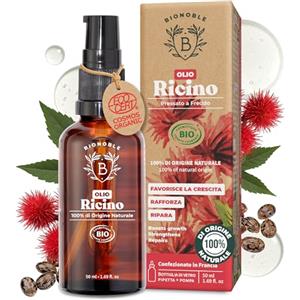 BIONOBLE Olio di Ricino Puro e Biologico - Pressato a Freddo, Senza Esano - Olio di Ricino per Capelli Crescita, Ciglia e Sopracciglia - Castor Oil Organic - Bottiglia di Vetro, Pipetta, Pompa - 50ml