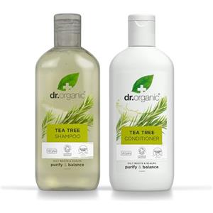Dr.Organic Dr Organic Tea Tree Shampoo e Balsamo, Purificante, Radici Grasse, Naturale, Vegano, Senza Crudeltà, Senza Parabeni e SLS, Plastica Riciclabile e Riciclata dai Mari, Biologico, 265ml x2