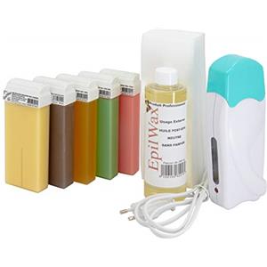 EpilWax Kit Depilatorio EpilWax completo di: Scaldacera professionale 5 Roll-On Wax 100 ml variegato, 100 Strisce Depilatorie, 1 Flacone di Olio Dopo Cera 250 ml - (Solo Series variegato 5)