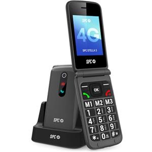 SPC Stella 3 - Telefono Cellulare Flip per anziani 4G | Menu e tasti grandi | Pulsante SOS, configurazione remota, compatibilità HAC e volume 103 dB | Base di ricarica e 3 memorie dirette - Nero