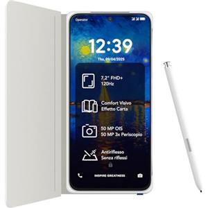 TCL NXTPAPER 60 Ultra 5G Smartphone Android, 7,2" FHD+, 12 GB RAM + 512 GB ROM, telefono con protezione per gli occhi, bianco lunare, con cover flip e stilo
