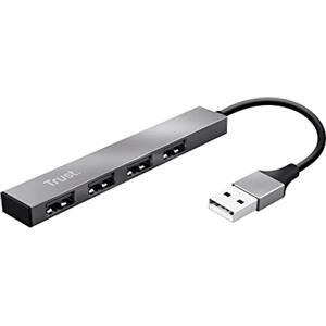 Trust Halyx Ciabatta Multipresa USB 2.0 (Fino a 480Mbps) Ultra-Compatta con Spessore di 7.3 mm, 4 Prese USB, Attacco USB-A compatibile con Macbook, PC, HP, Dell - Argento