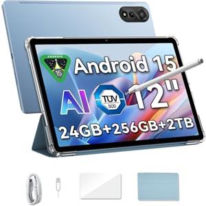 Blackview Mega2 Tablet 12 Pollici Android 15, 24GB RAM+256GB ROM(TF 2TB), 2K FHD IPS Display Gaming Tablet, Dual 4G LTE+5G WiFi,Octa Core T615, 9000 mAh,WideVine L1, Face ID, GPS Con Custodia & Penne