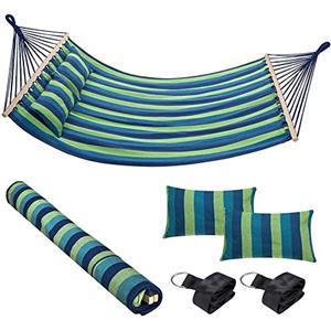 Bakaji Amaca da Giardino Doppia 2 Posti 232 x 148 cm Barre Trasversali in Legno Rivestimento in Poli Cotone con 2 Cuscini e Cinghie Design Moderno Per Giardino Terrazzo Campeggio (Righe Blu)