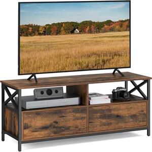 VASAGLE Mobile TV, Tavolino Porta TV fino a 55 Pollici, con 2 Cassetti, 2 Scomparti Aperti, 120 x 40 x 50 cm, Soggiorno, Camera da Letto, Struttura in Acciaio, Marrone Vintage e Nero LTV300B01
