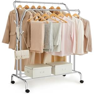 SONGMICS Stand Appendiabiti Doppio, Attaccapanni con Ruote, Struttura in Acciaio, Portata fino a 100 kg, Larghezza di 103,5 cm, Multifunzione, Color Argento HSR107E01