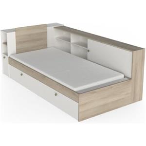 Demeyere Letto Singolo 90 x 190/200 con Contenitore 2 Ante 6 Nicchie 2 Cassetti, Bianco Opaco e Rovere Chiaro, 119.2 x 229.4 x 87.7 cm