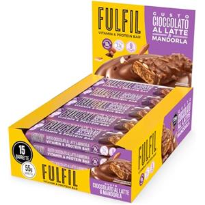 FULFIL - 15 Barrette Proteiche da 55 Grammi, Gusto Cioccolato al Latte e Mandorla con 9 Vitamine e Pochi Zuccheri, Confezione da 825 Grammi