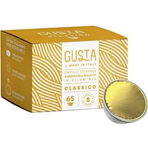 Bialetti Gusta Capsule Compatibili con Sistema Bialetti, Alluminio, Gusto Classico, Box da 65 Capsule, 100% Riciclabili, Intensità 8