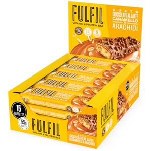FULFIL - 15 Barrette Proteiche da 55 Grammi, Gusto Cioccolato Caramello e Arachidi con 9 Vitamine e Pochi Zuccheri, Confezione da 825 Grammi
