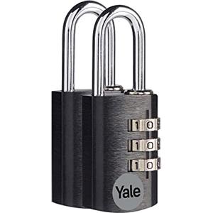 Yale Lucchetto a combinazione in alluminio YE3CB/20/121/2/BK nero, corpo 20mm, arco in acciaio, confezione da 2 pezzi